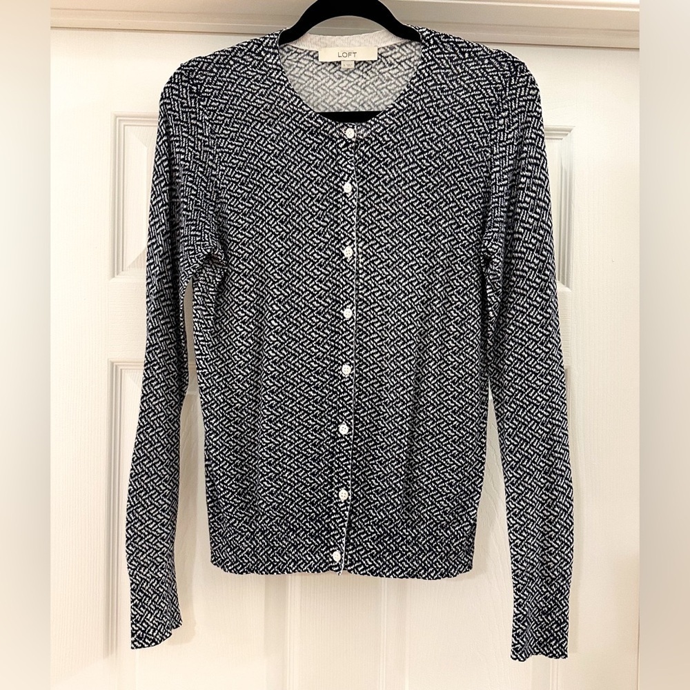 Loft Weave Print Crew Neck Cardigan Sweater Navy Blue White sz Small
